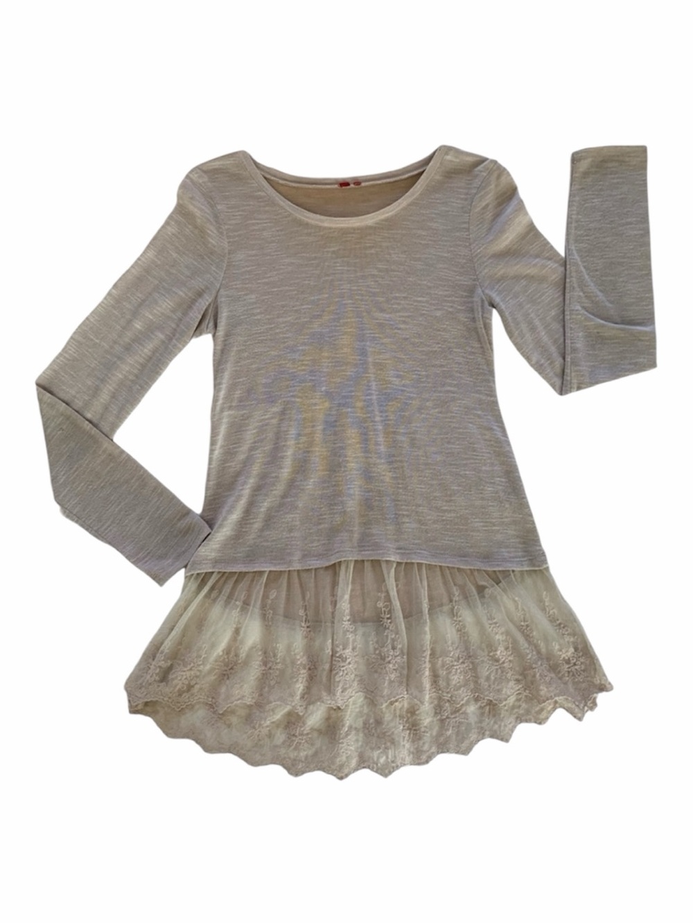 Red Camel Tunic Tulle Shirt Juniors S/M  Tan Cream Ruffle Lacy Y2K Long Sleeve